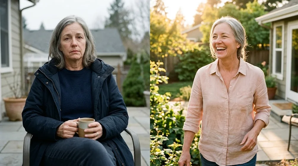 Illustrative side-by-side image showing contrasting midlife moods and energy