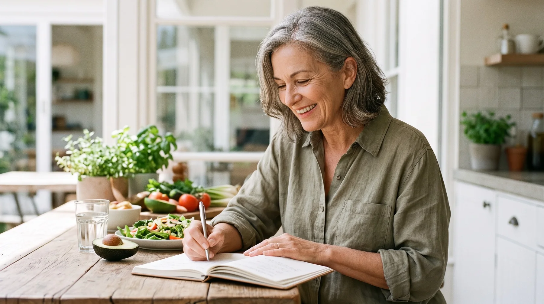 Woman in midlife journaling beside a nourishing meal in a bright kitchen