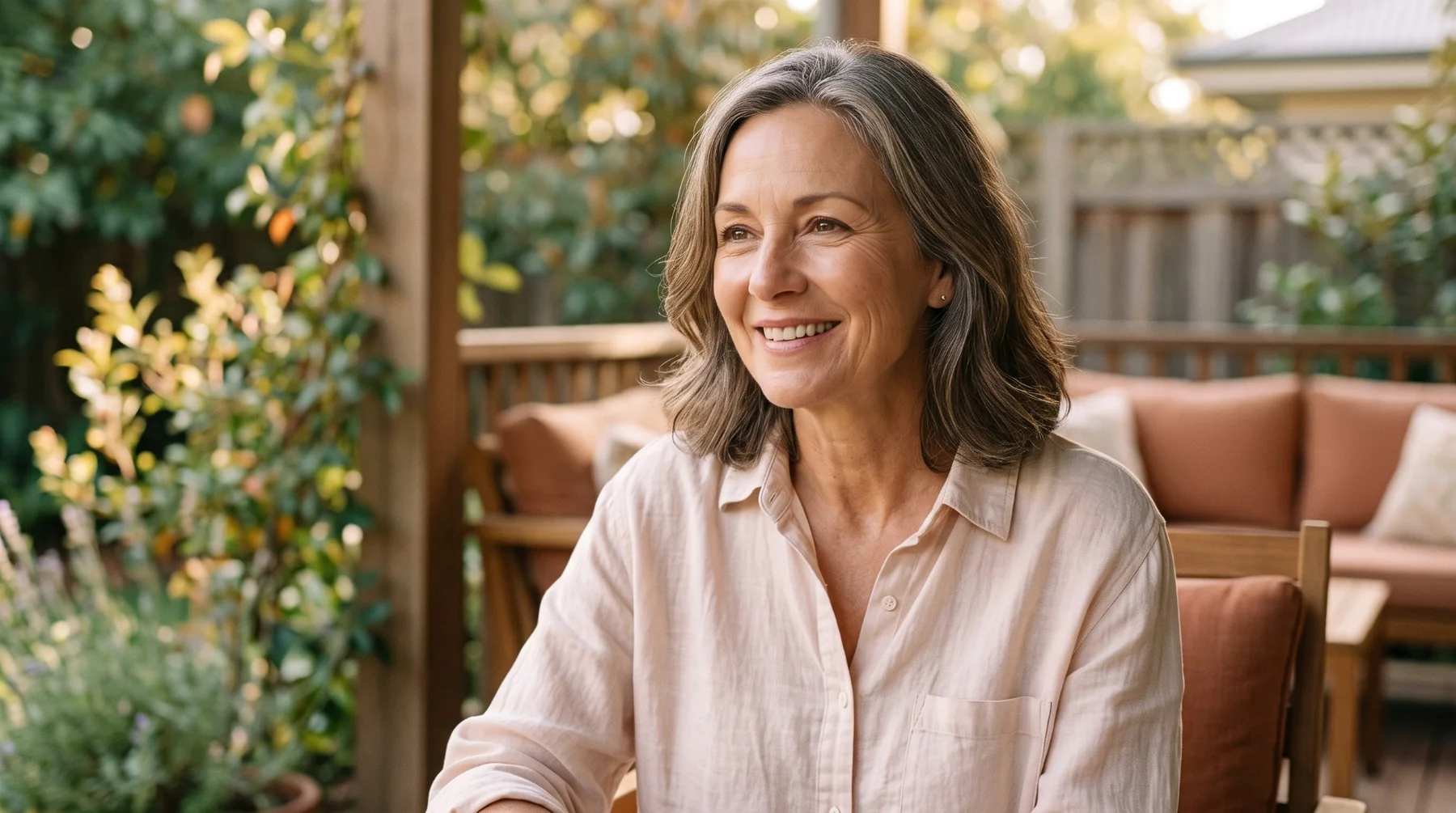 Woman in midlife smiling in a warm outdoor setting
